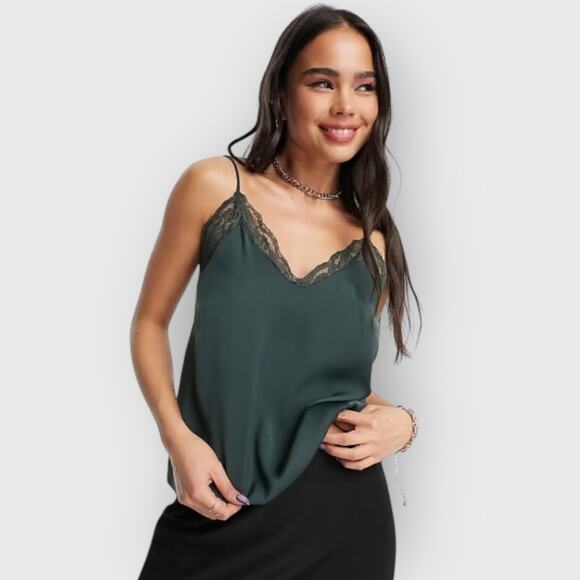 Abercrombie Satin Lace Cami Green Button Back Flowy Feminine Tank Top - Picture 2 of 7